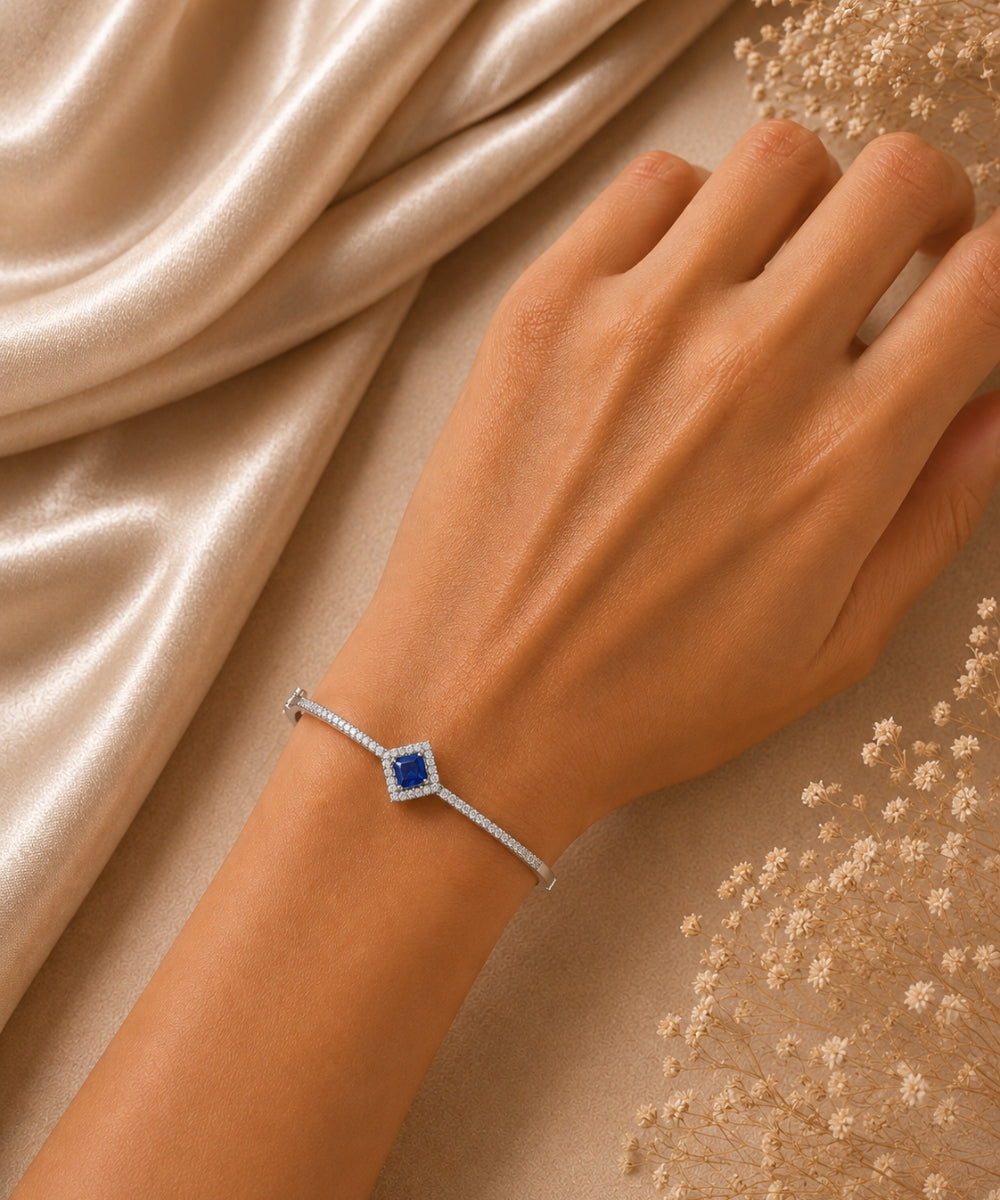 Rhodium Plated Blue Cubic Zirconia Halo Style Bracelet