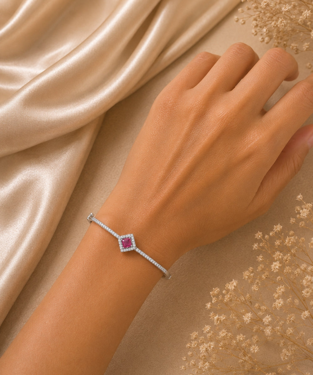 Rhodium Plated Pink Cubic Zirconia Halo Style Bracelet
