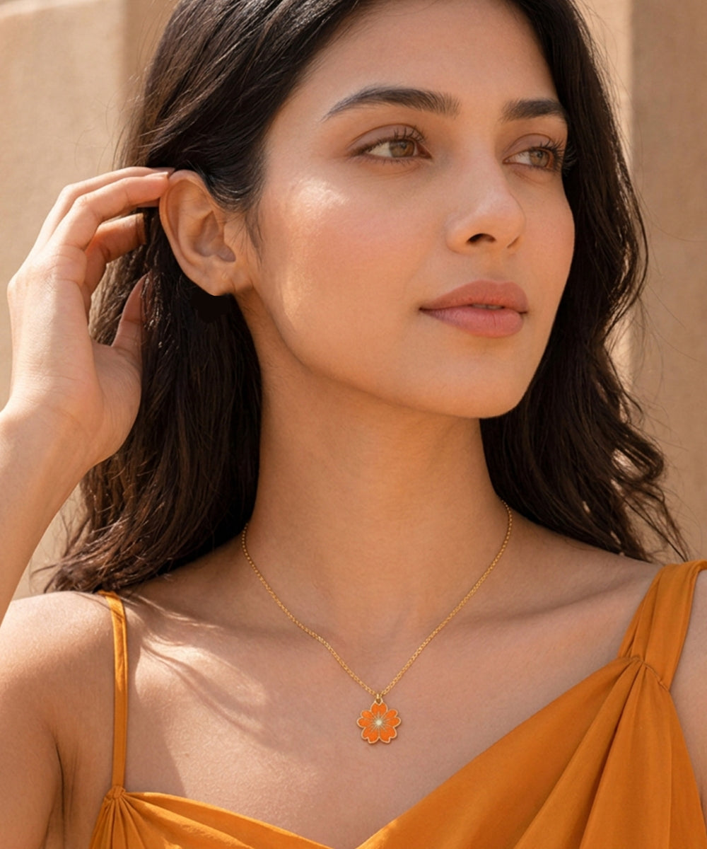 Gold Plated Orange Flower Pendant Necklace