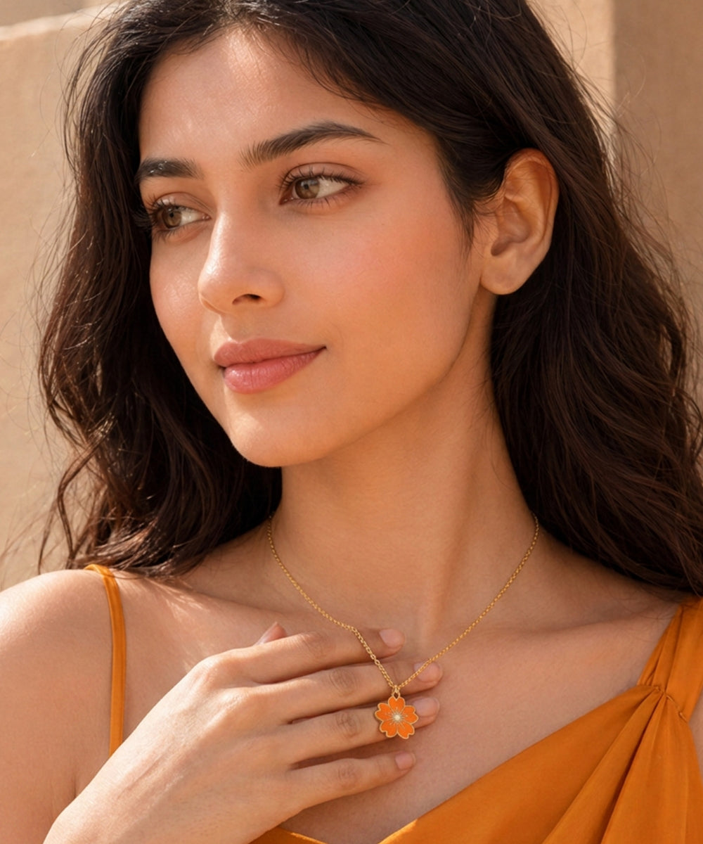 Gold Plated Orange Flower Pendant Necklace