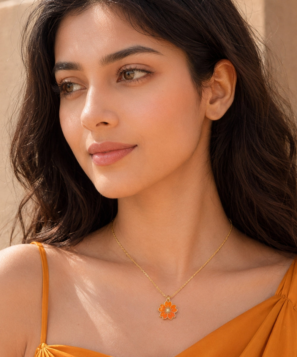 Gold Plated Orange Flower Pendant Necklace