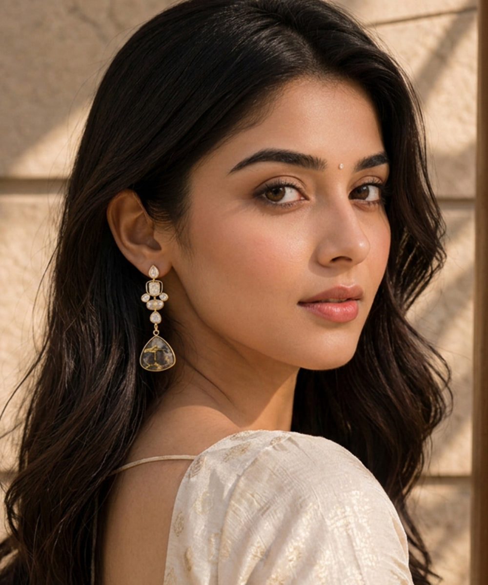 Gold Plated Black Kundan Drop Earrings