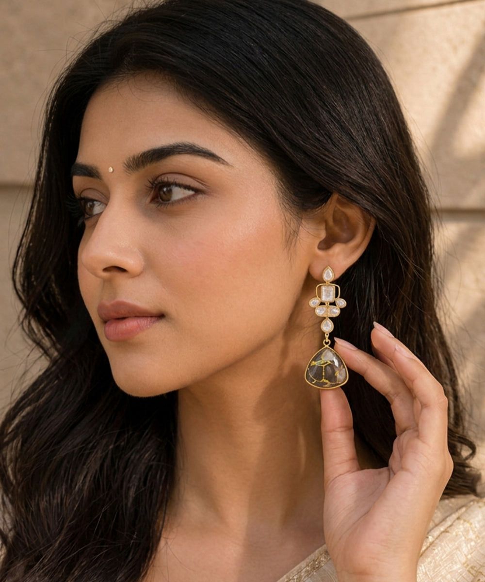 Gold Plated Black Kundan Drop Earrings