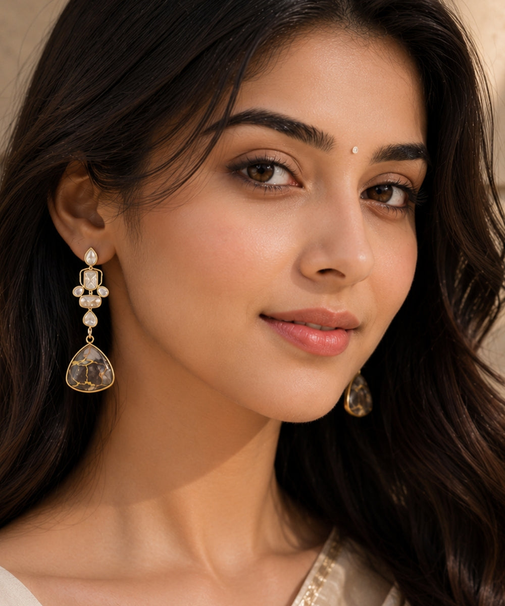 Gold Plated Black Kundan Drop Earrings