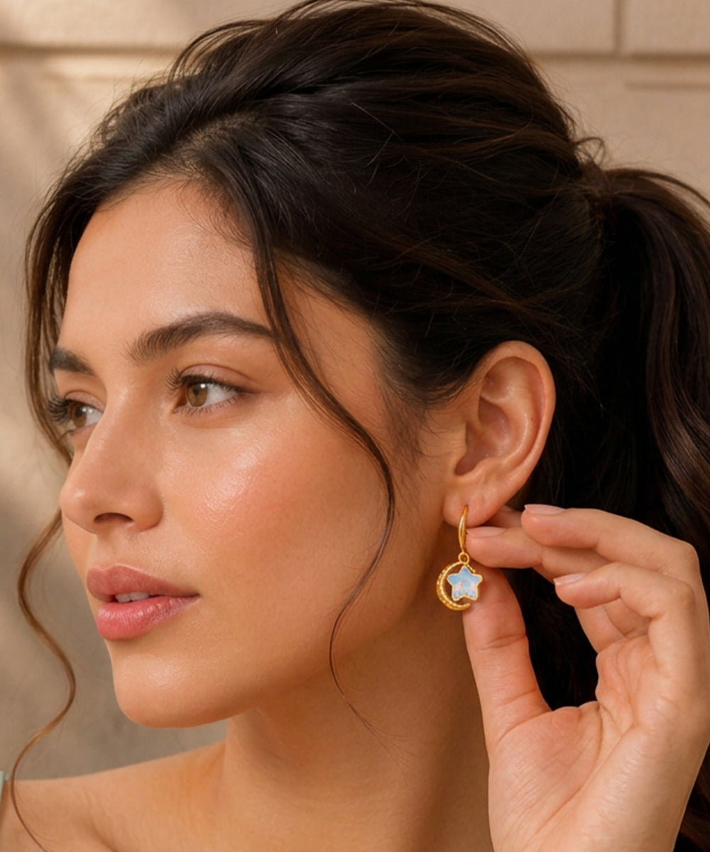 Gold Plated Star Charm Drop Earrings