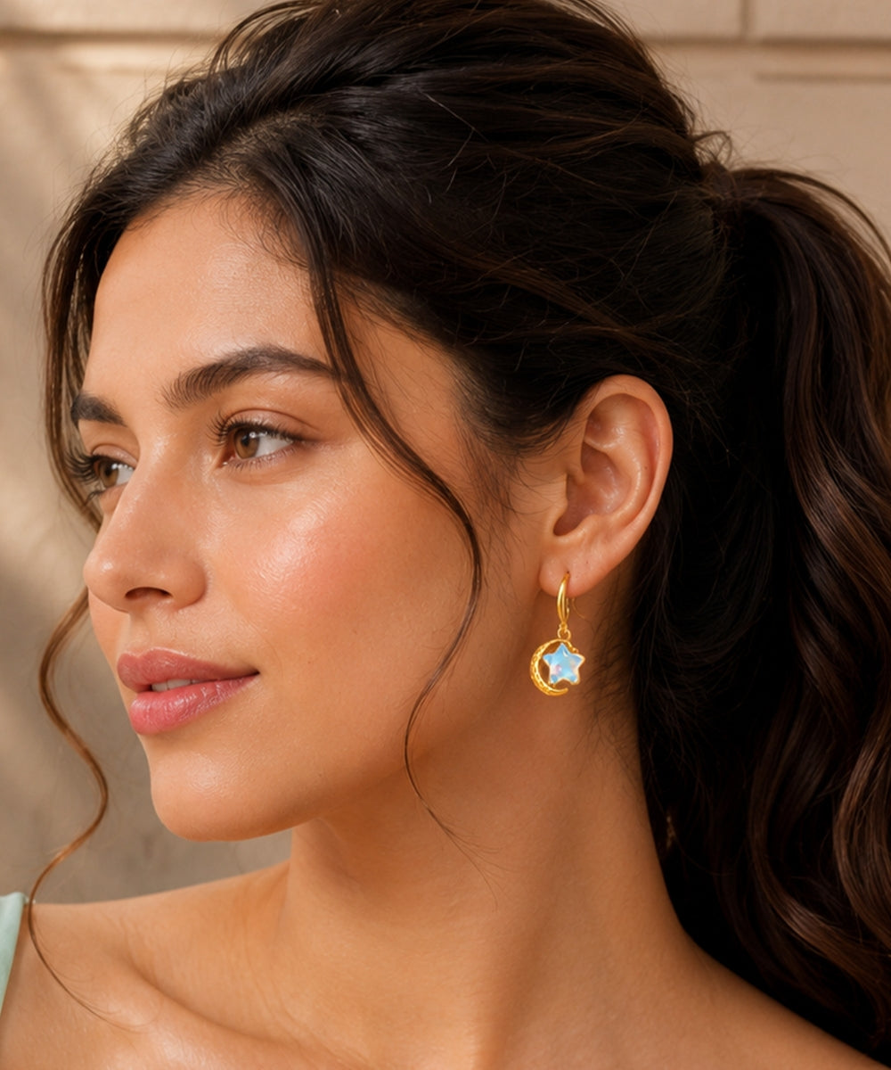 Gold Plated Star Charm Drop Earrings