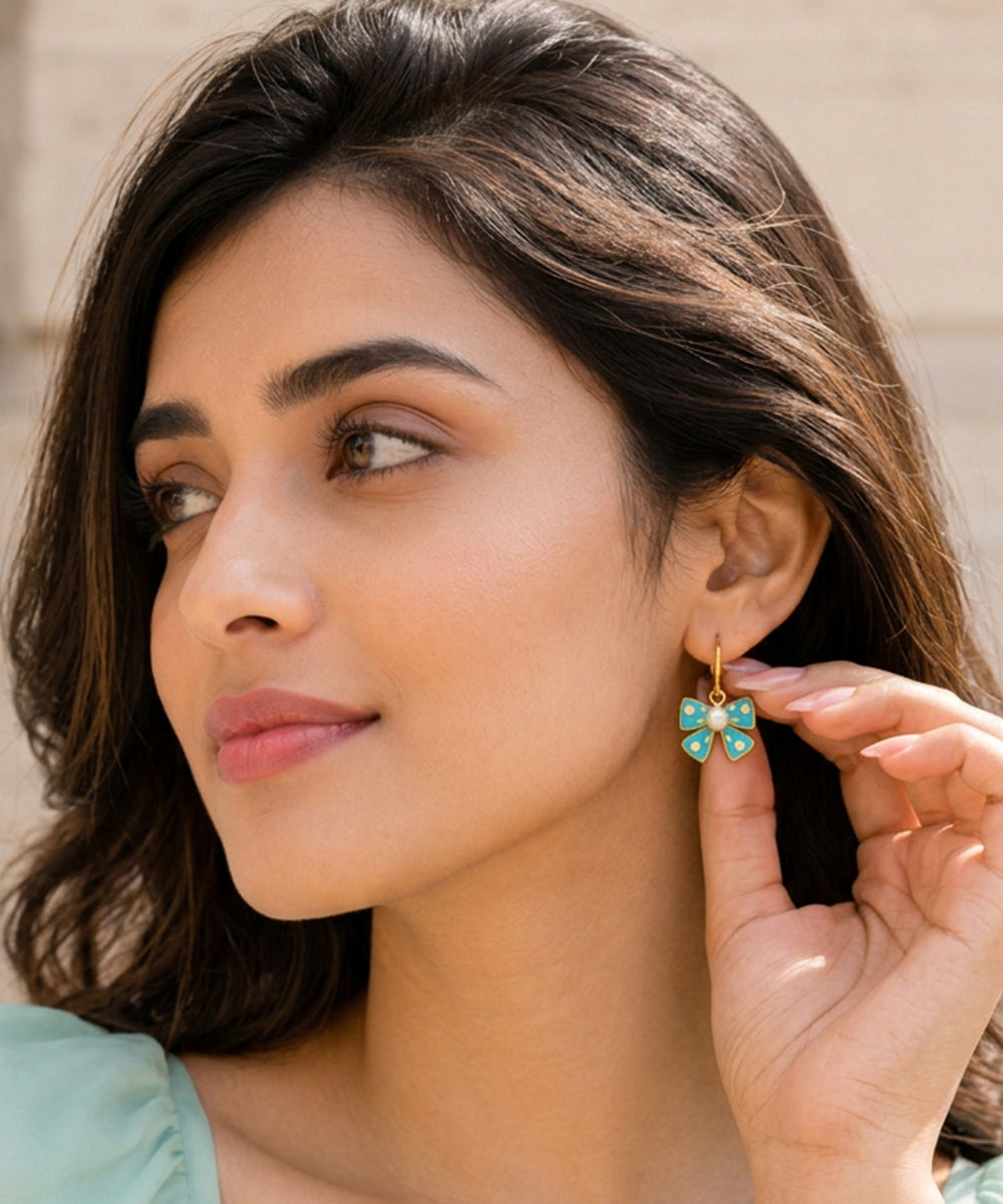 Gold Plated Light Blue Bow Pearl Drop Earrings