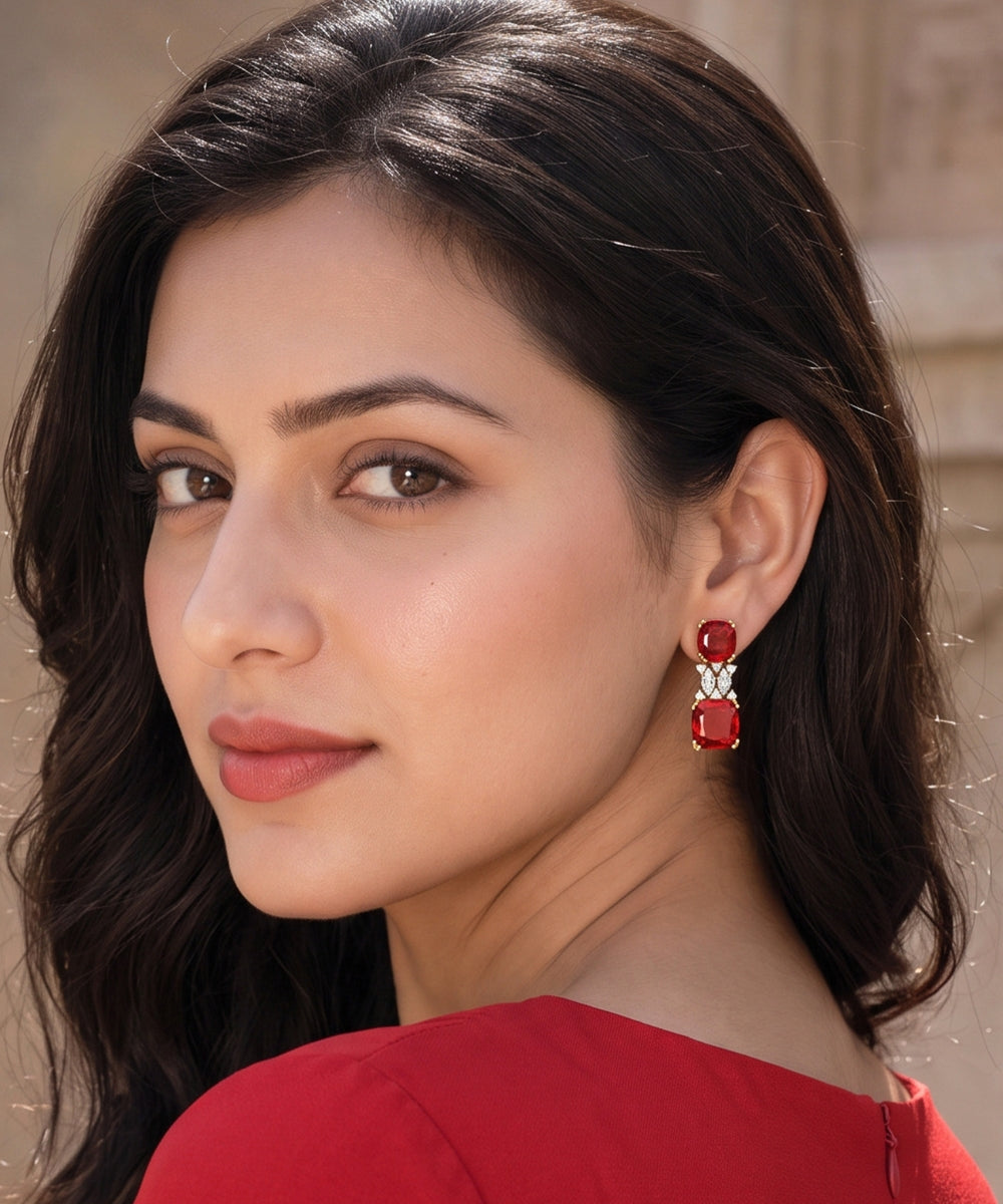 Gold Plated Red Cubic Zirconia Drop Earrings