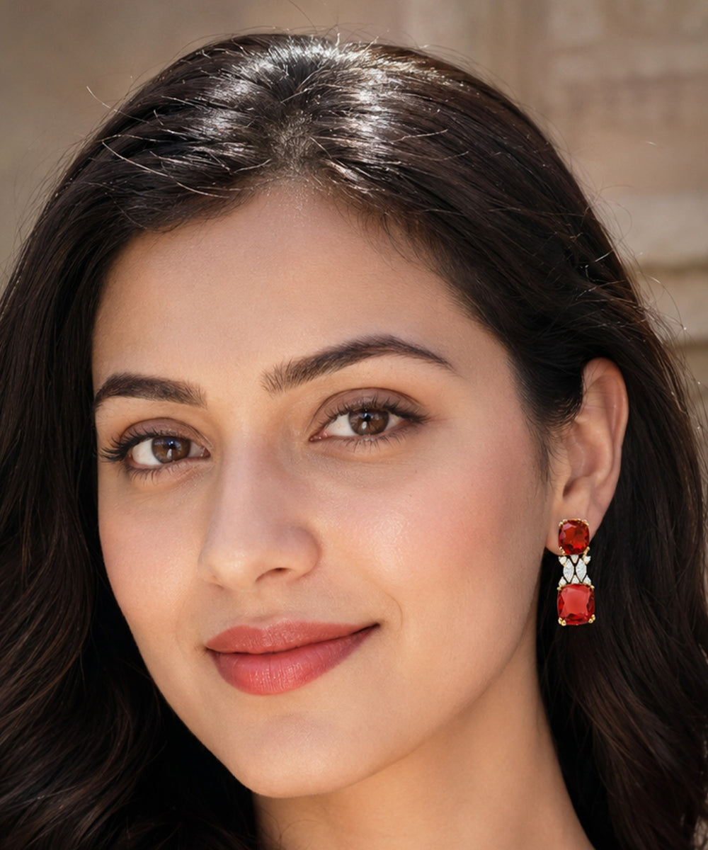 Gold Plated Red Cubic Zirconia Drop Earrings