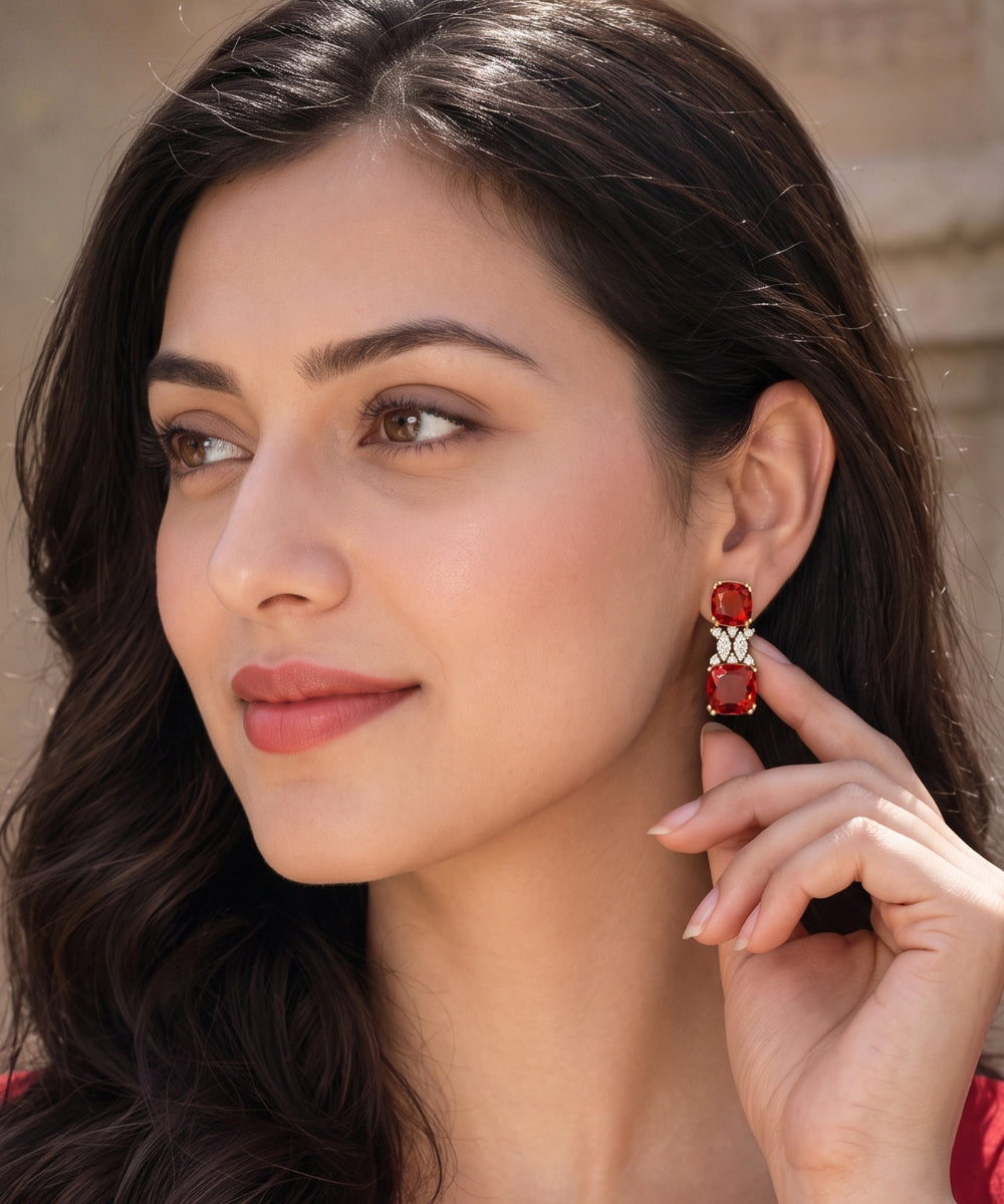 Gold Plated Red Cubic Zirconia Drop Earrings