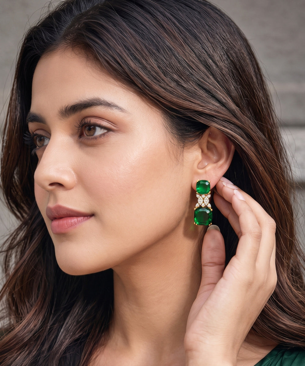 Gold Plated Green Cubic Zirconia Drop Earrings