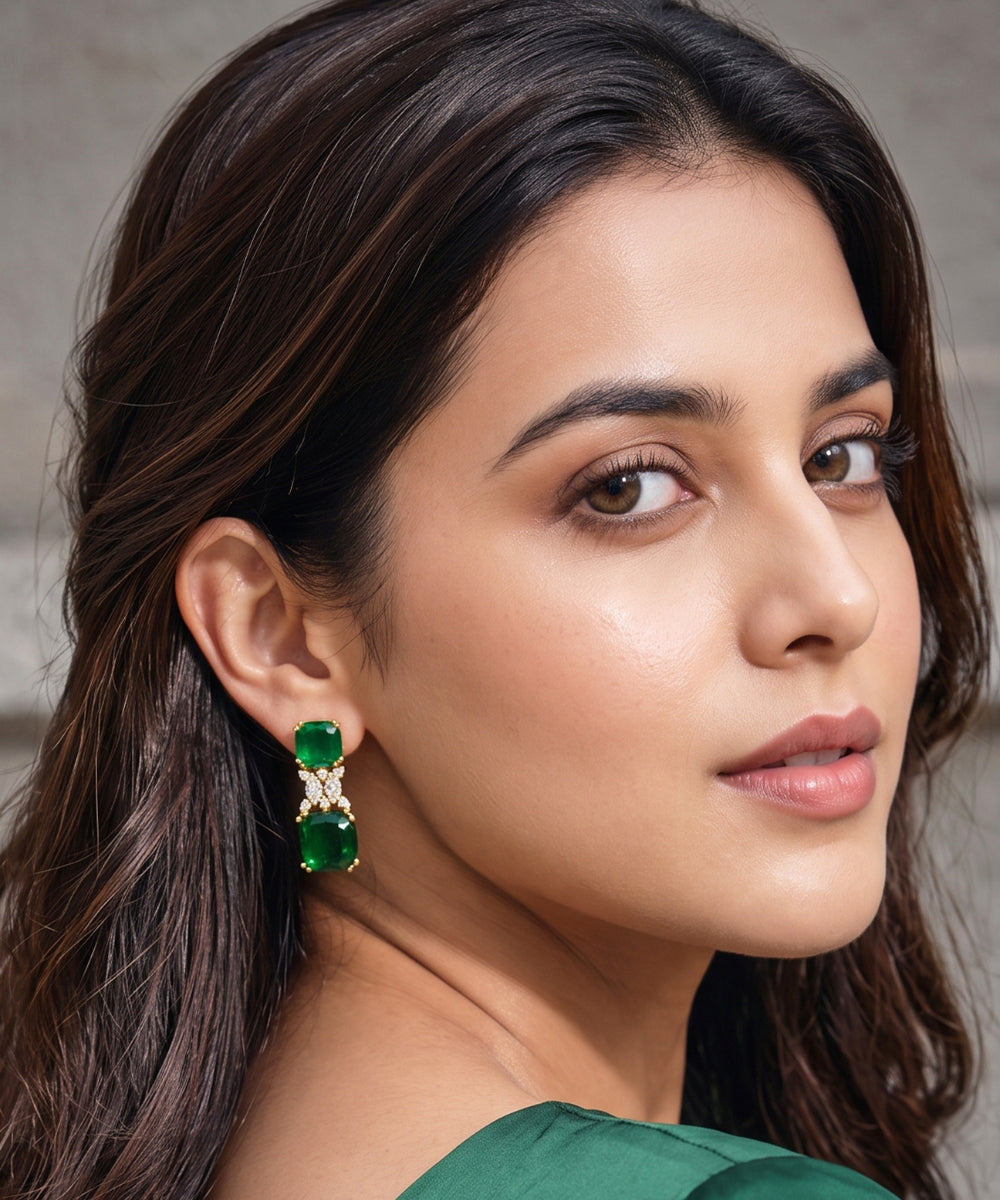 Gold Plated Green Cubic Zirconia Drop Earrings