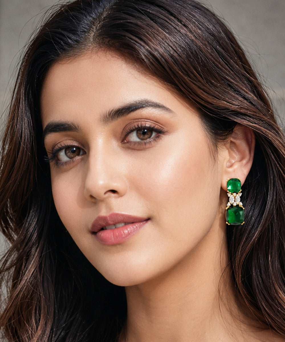 Gold Plated Green Cubic Zirconia Drop Earrings