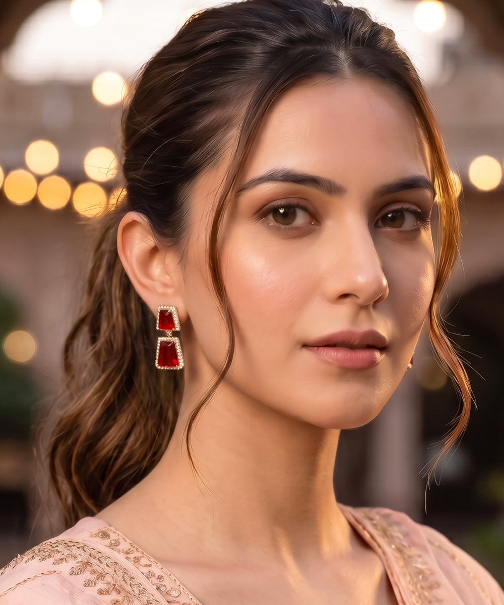 Gold Plated Red Cubic Zirconia Drop Earrings