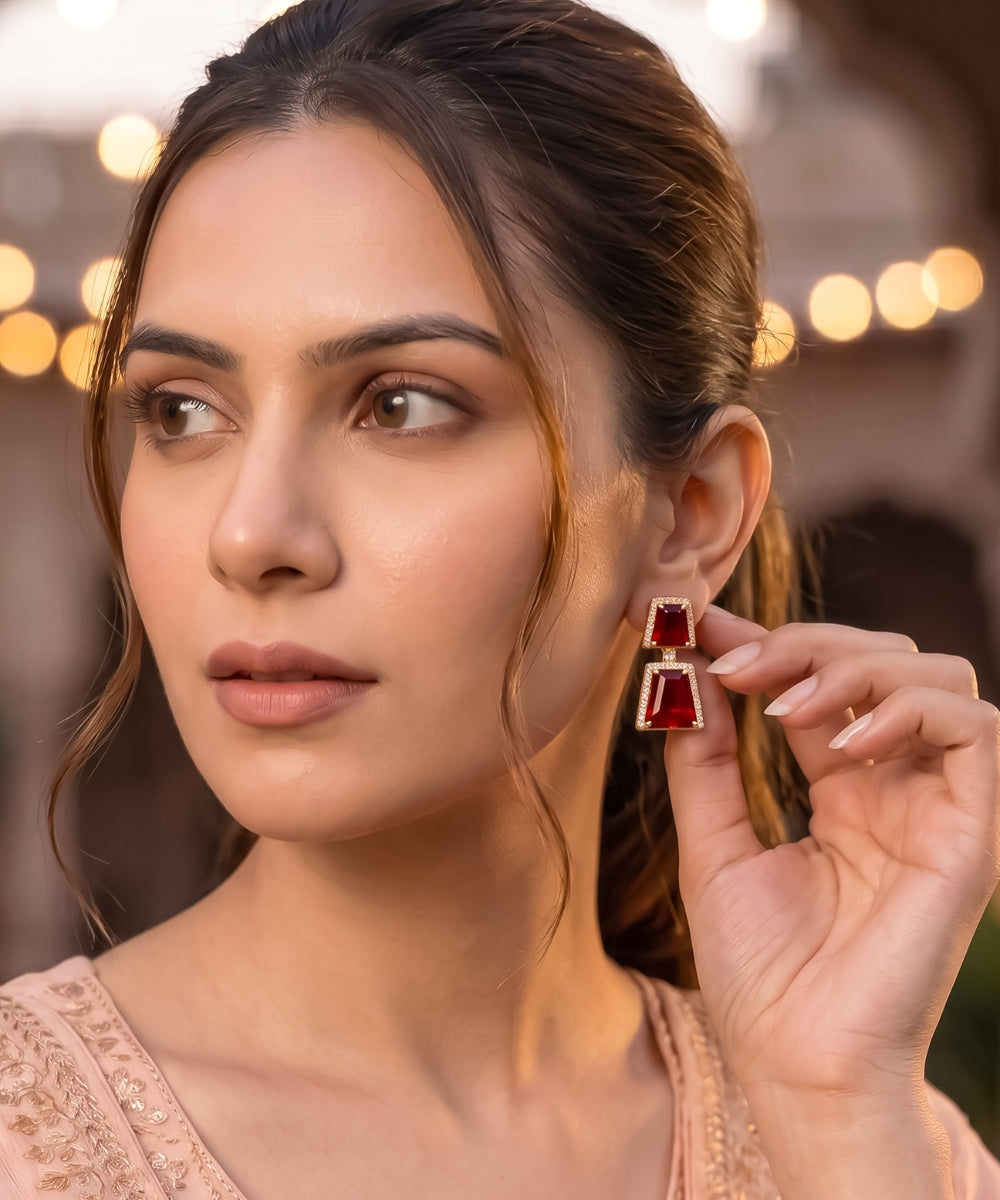 Gold Plated Red Cubic Zirconia Drop Earrings