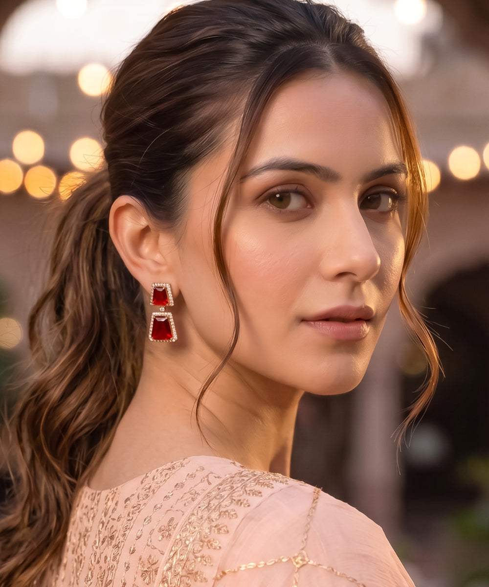 Gold Plated Red Cubic Zirconia Drop Earrings