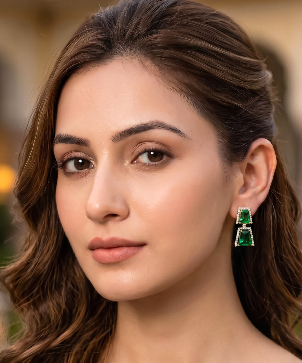 Gold Plated Green Cubic Zirconia Drop Earrings