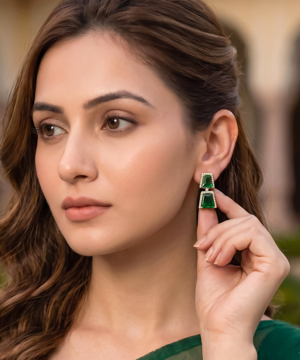 Gold Plated Green Cubic Zirconia Drop Earrings