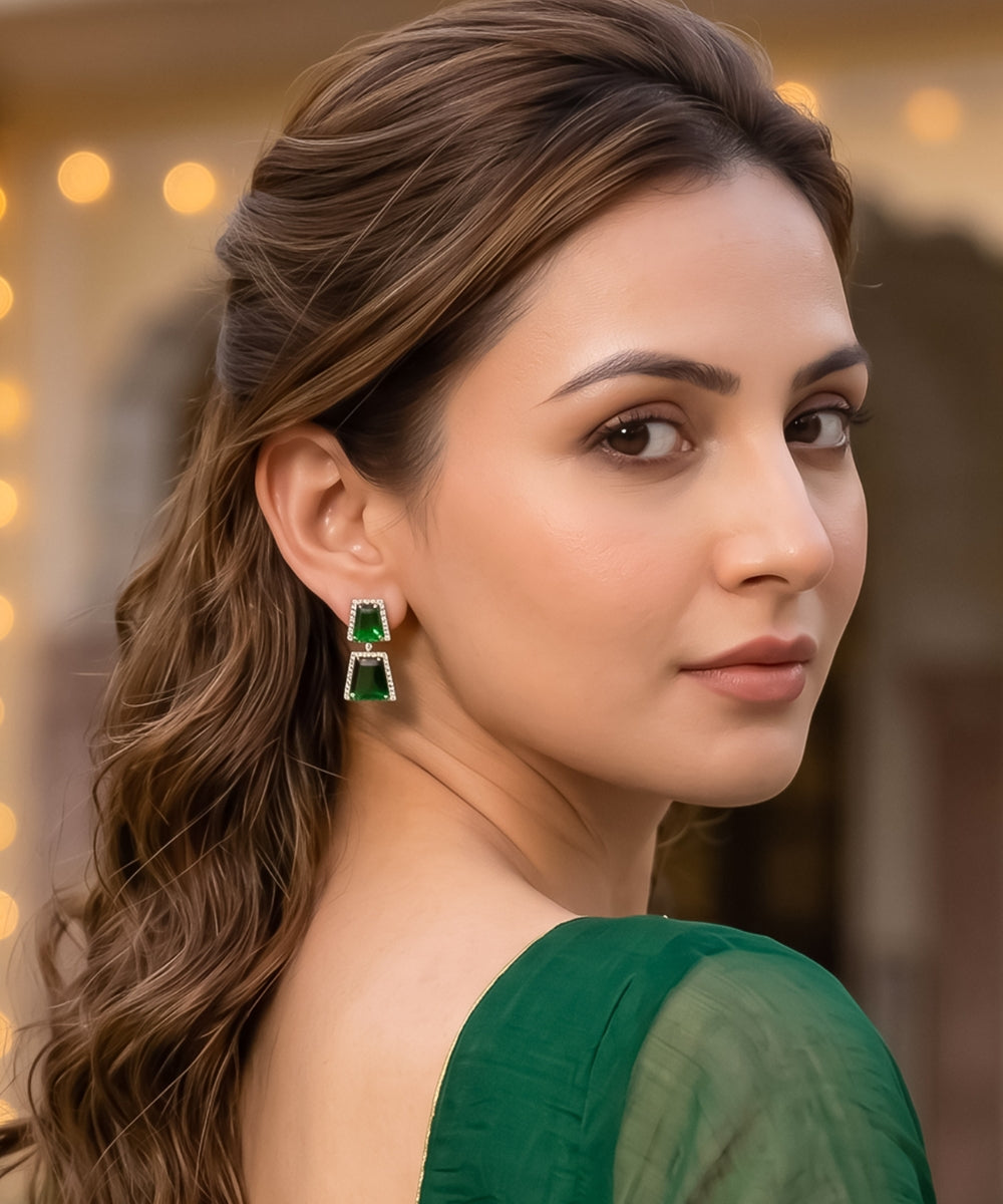 Gold Plated Green Cubic Zirconia Drop Earrings
