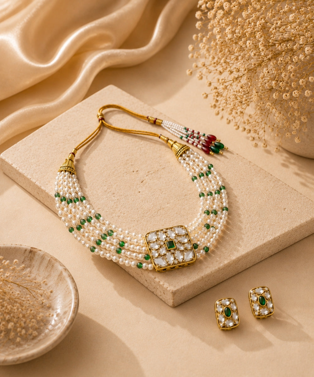 Gold Plated Green Kundan Semi Cultured Pearl Choker Set