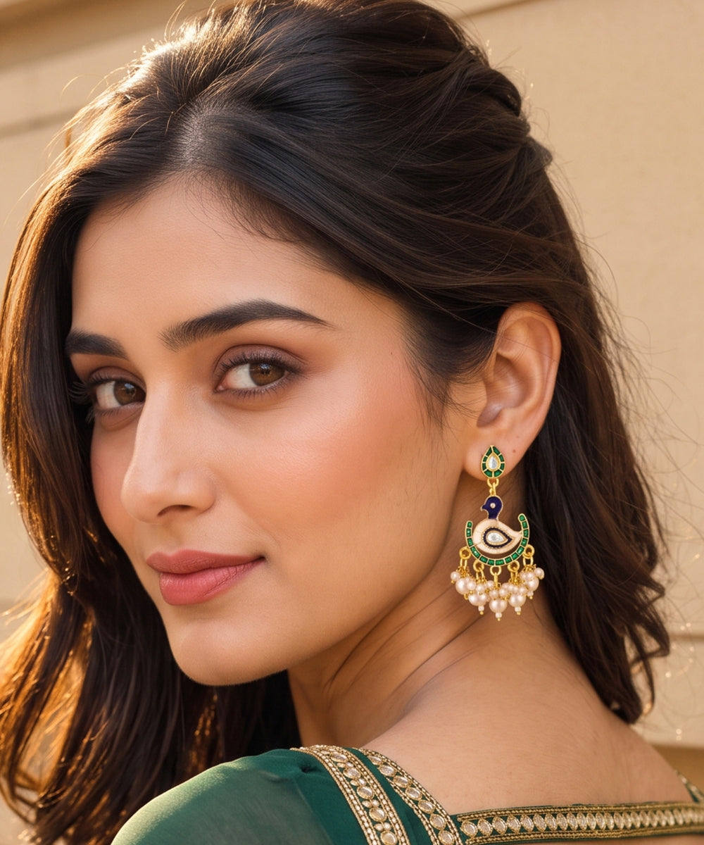 Gold Plated Peacock Style Drop Earrings