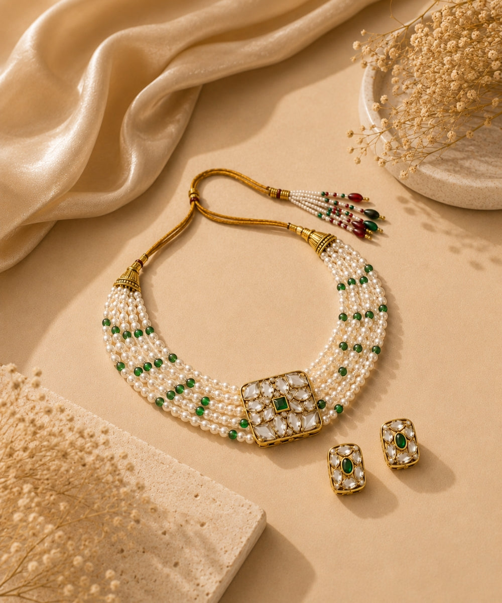 Gold Plated Green Kundan Semi Cultured Pearl Choker Set