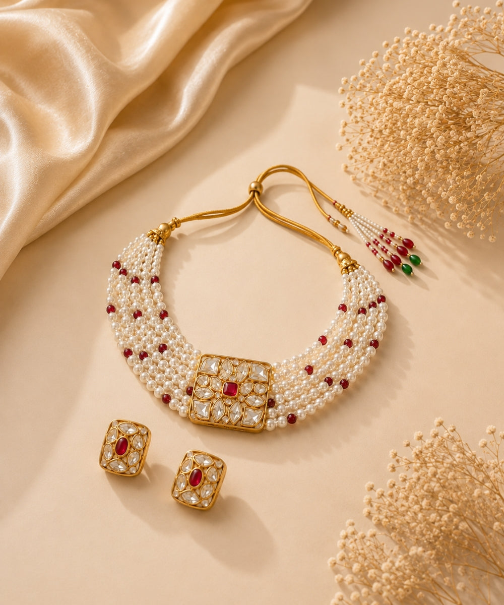 Gold Plated Pink Kundan Semi Cultured Pearl Choker Set