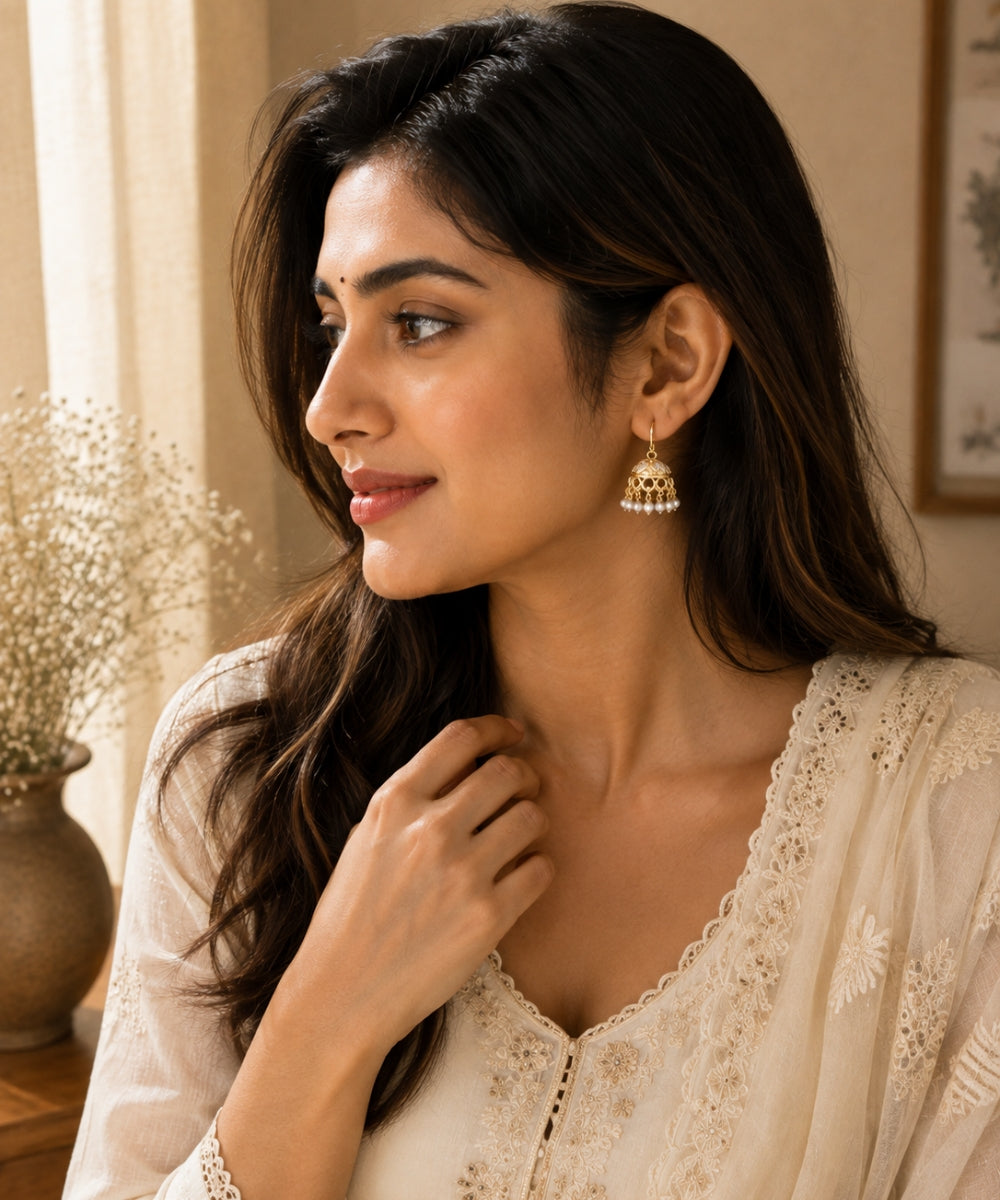 Gold Plated Kundan Pearl Jhumki Earrings