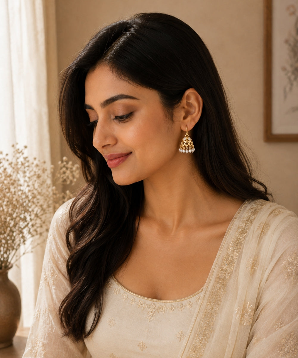 Gold Plated Kundan Pearl Jhumki Earrings