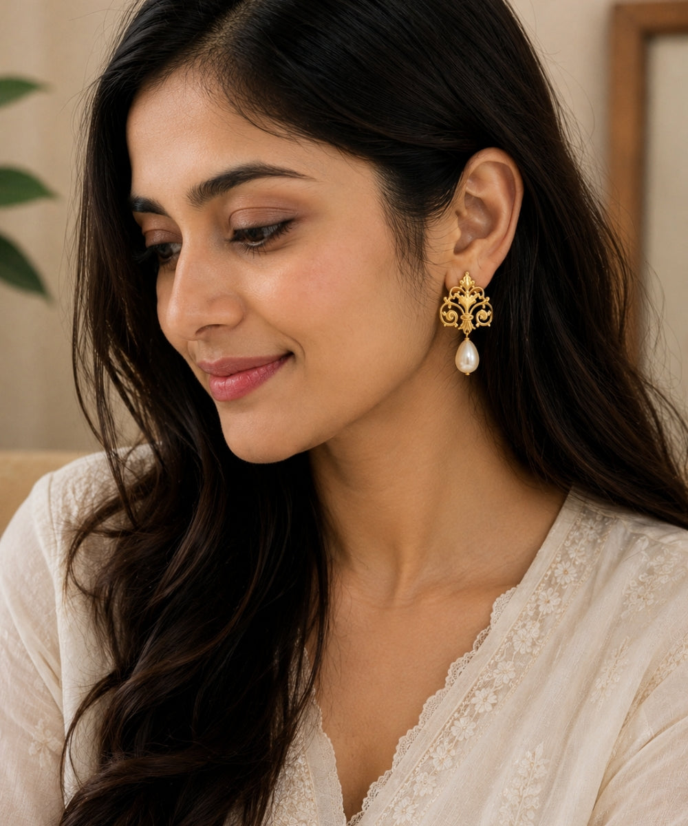 Gold Plated Filigree Style Pearl Drop Earrings