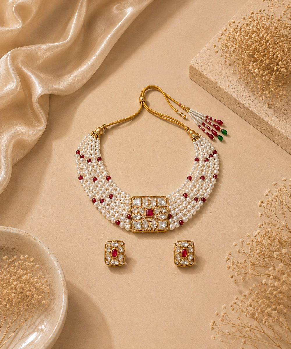 Gold Plated Pink Kundan Semi Cultured Pearl Choker Set