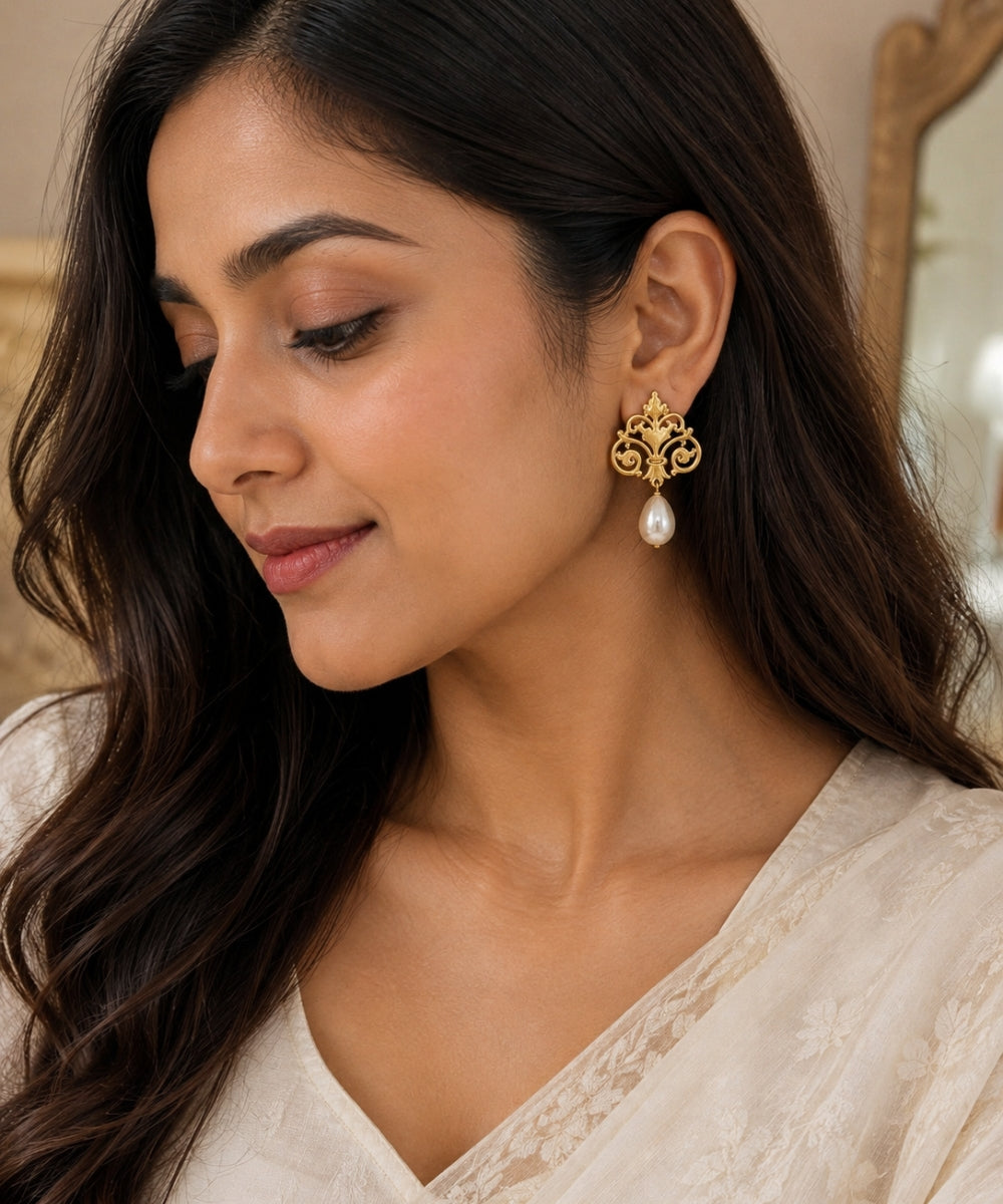 Gold Plated Filigree Style Pearl Drop Earrings