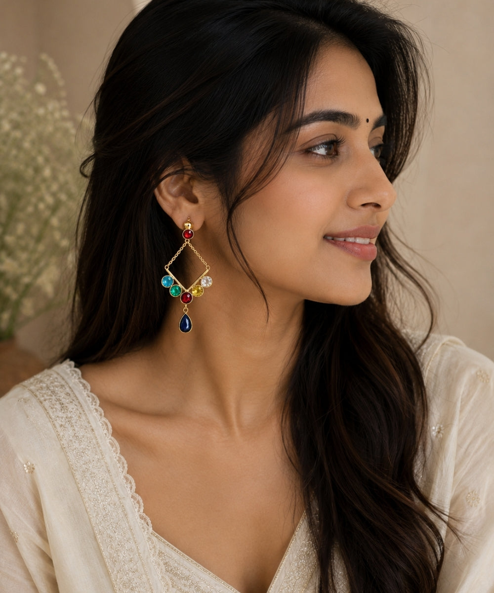 Gold Plated Multi Color Cubic Zirconia Drop Earrings