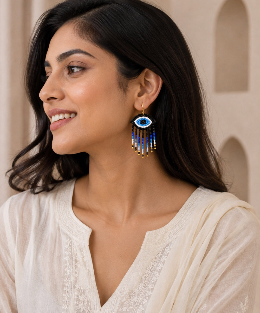 Gold Plated Evil Eye Seed Bead Drop Earrings