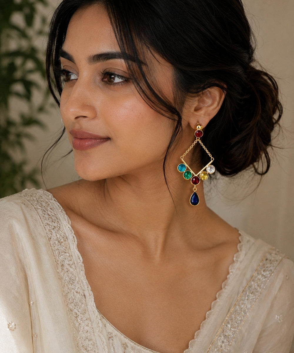 Gold Plated Multi Color Cubic Zirconia Drop Earrings