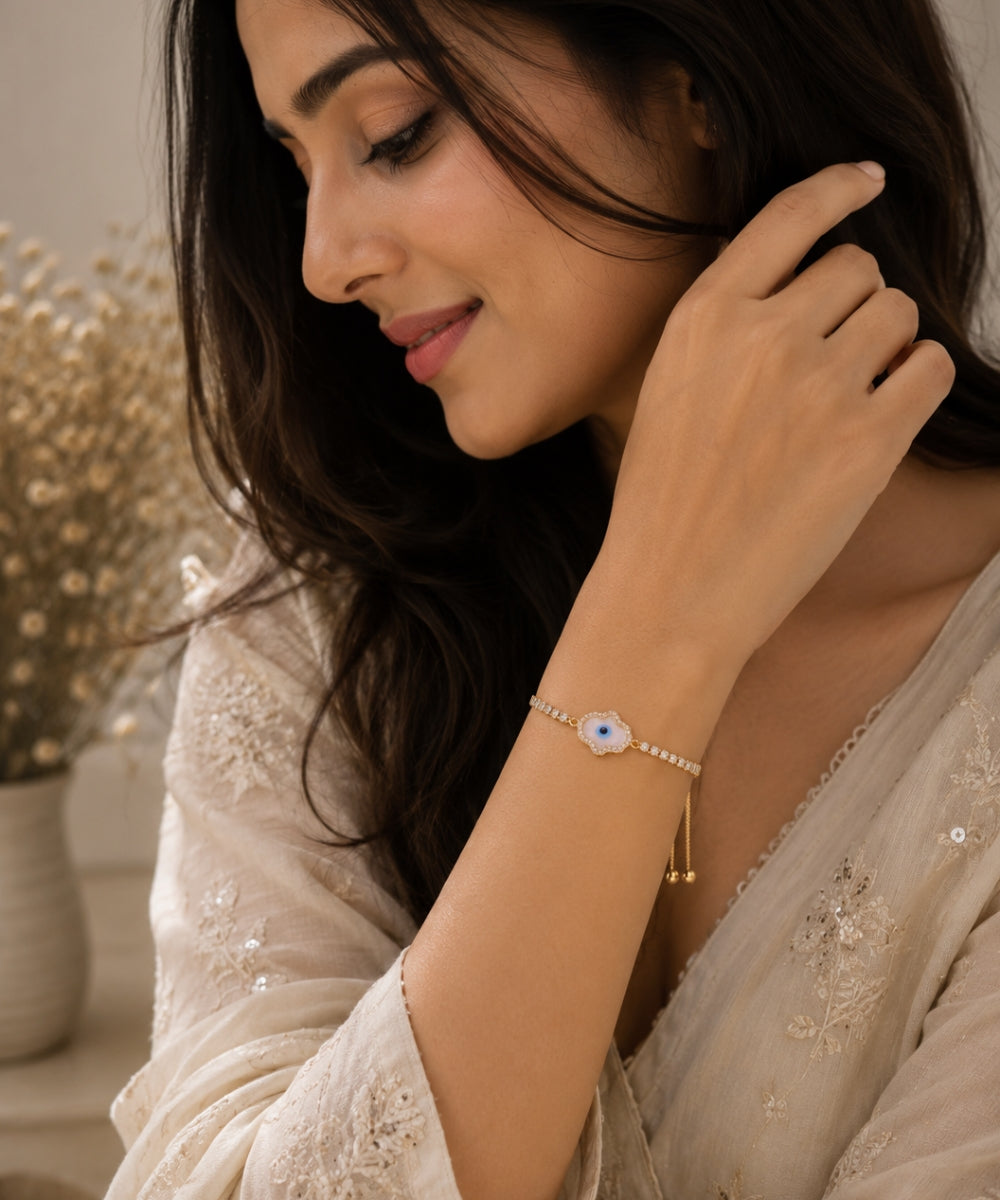 Gold Plated Evil Eye Hamsa Style Cubic Zirconia Bracelet