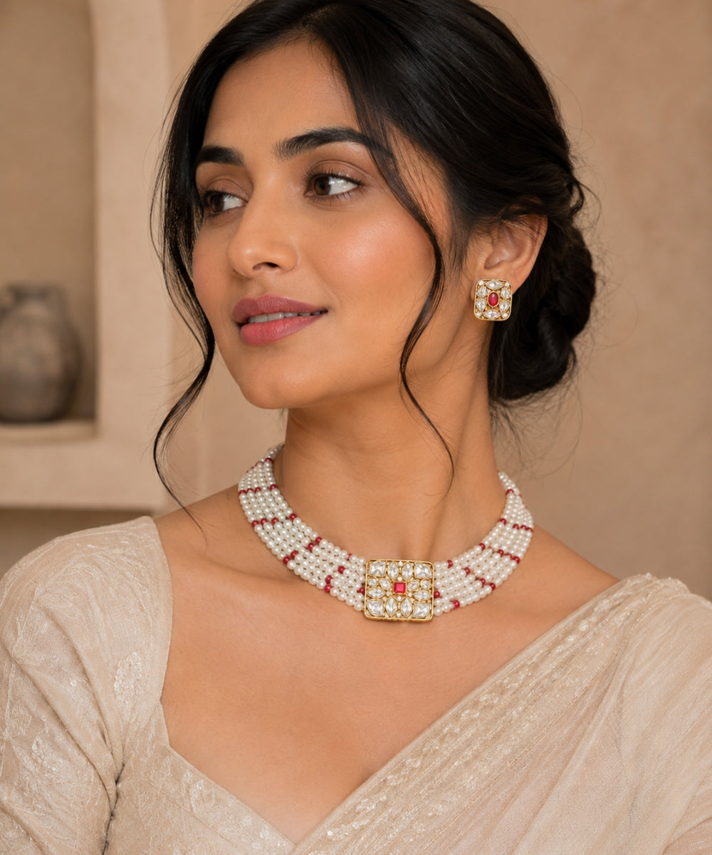 Gold Plated Pink Kundan Semi Cultured Pearl Choker Set