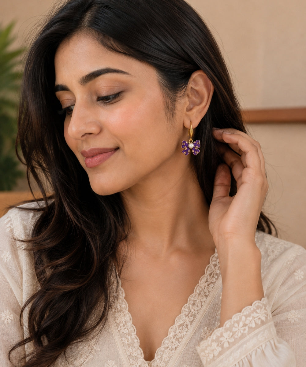 Gold Plated Purple Bow Pearl Drop Earrings