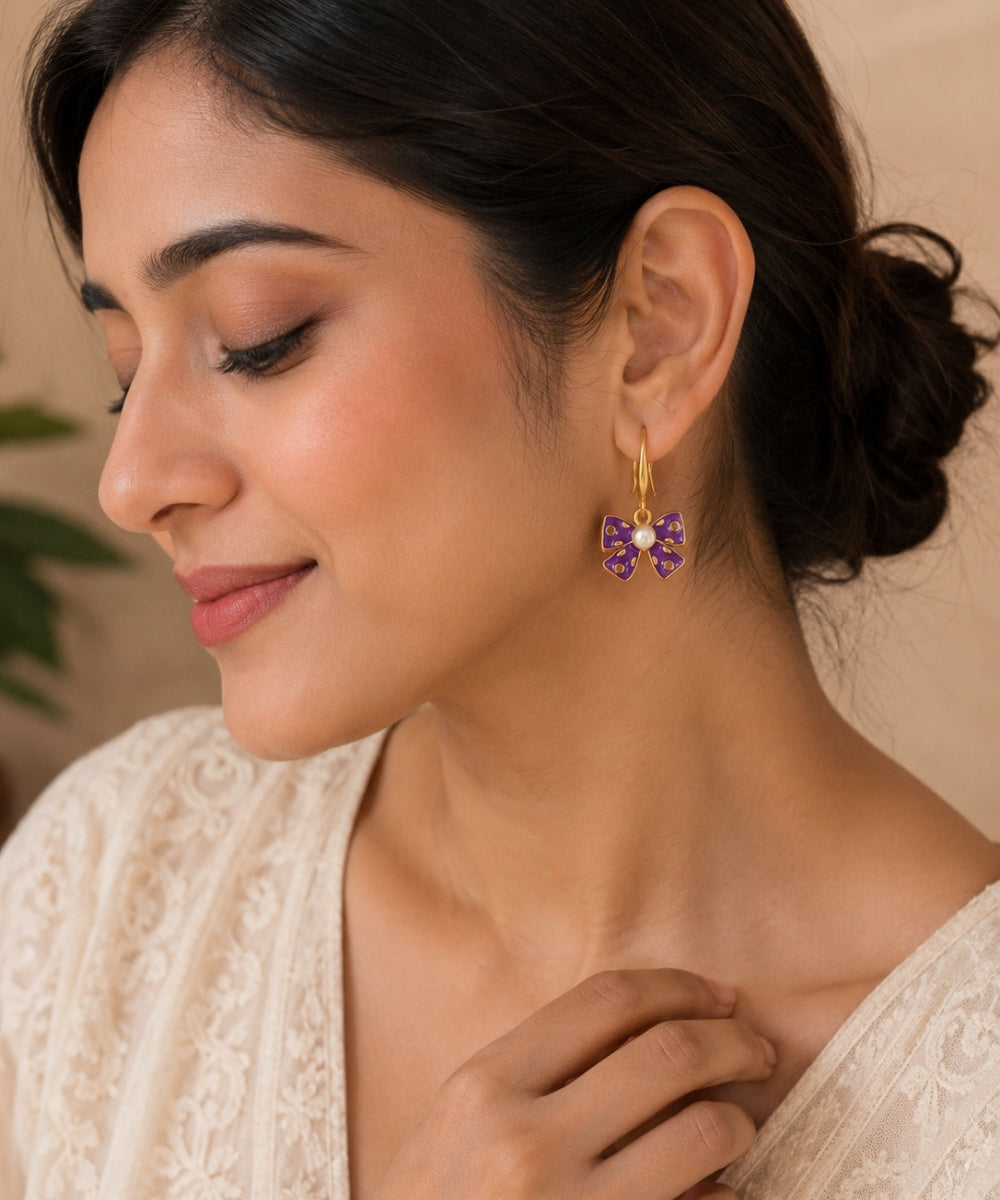 Gold Plated Purple Bow Pearl Drop Earrings