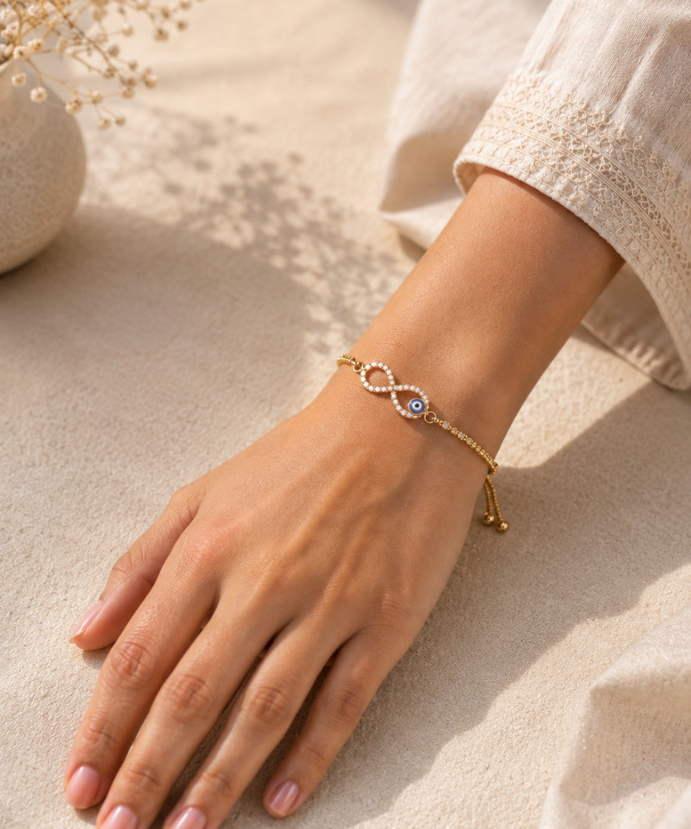 Gold Plated Evil Eye Infinity Bracelet with Cubic Zirconia
