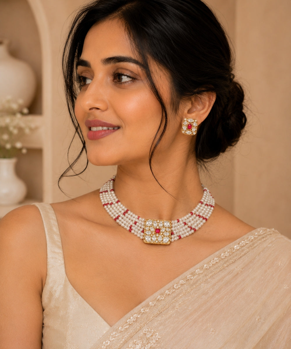 Gold Plated Pink Kundan Semi Cultured Pearl Choker Set