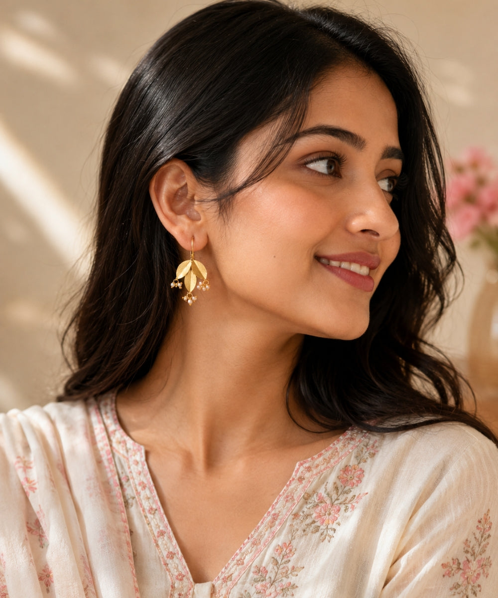 Gold-Plated Leaf Pearl Drop Earrings