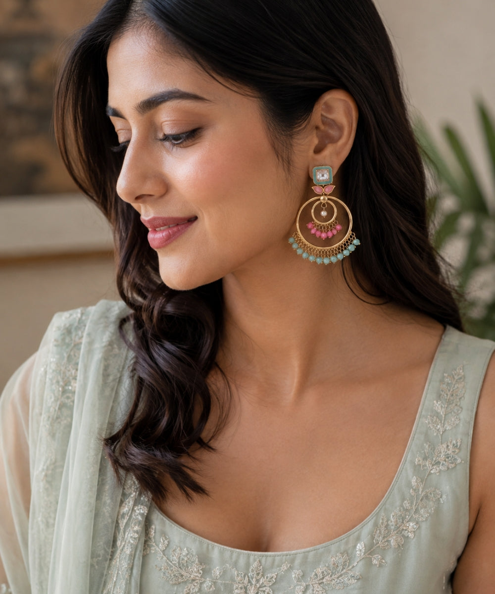 Gold-Plated Kundan Hoop Pearl Earrings