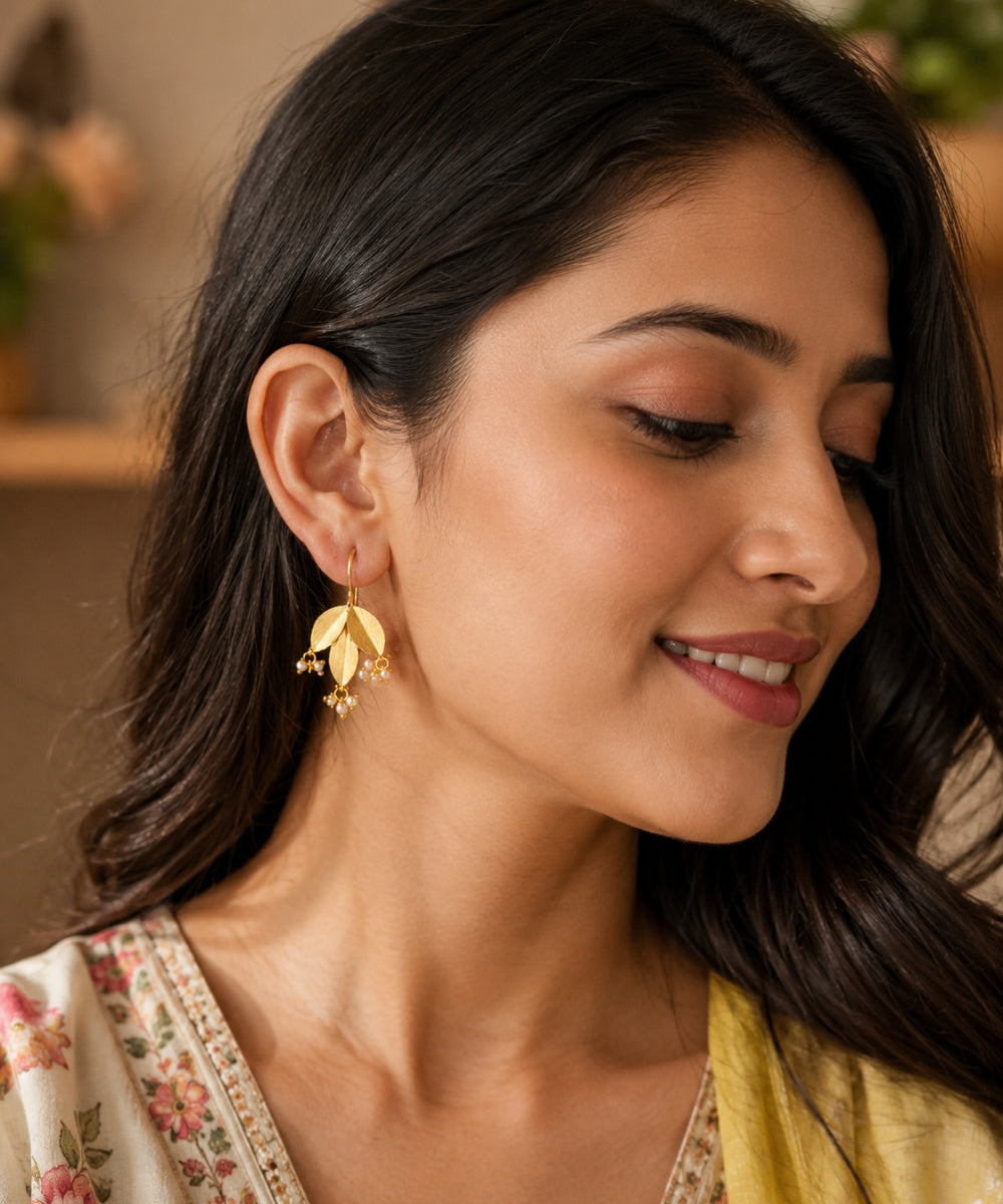 Gold-Plated Leaf Pearl Drop Earrings
