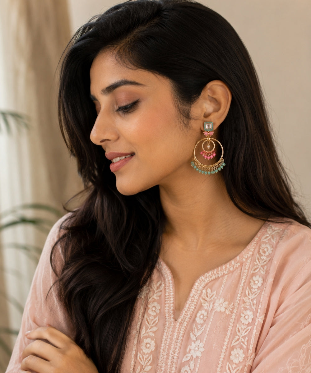 Gold-Plated Kundan Hoop Pearl Earrings