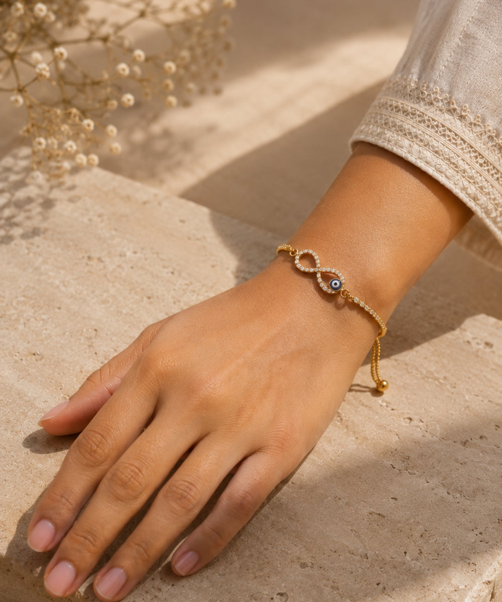 Gold Plated Evil Eye Infinity Bracelet with Cubic Zirconia
