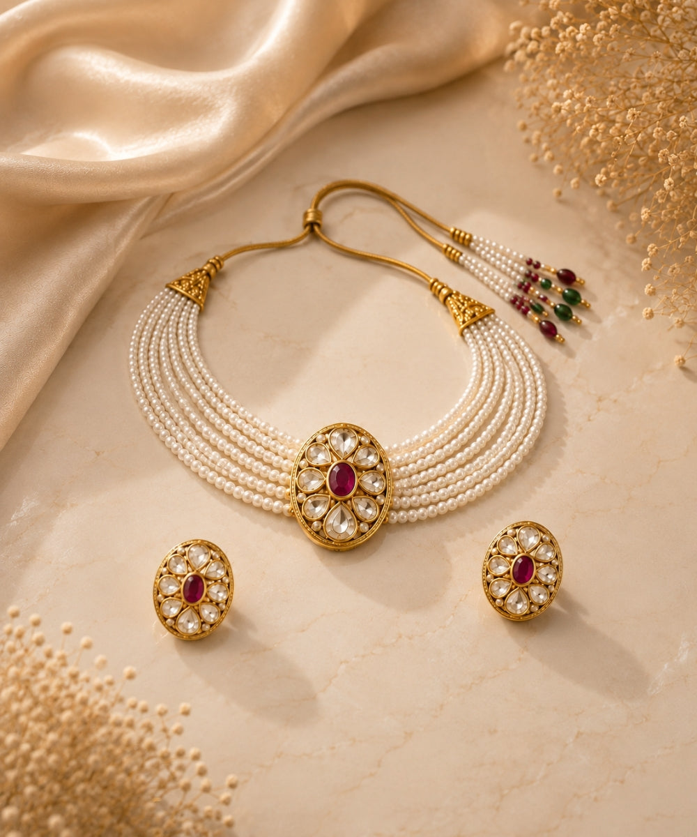 Gold Plated Pink Kundan Semi Cultured Pearl Choker Set