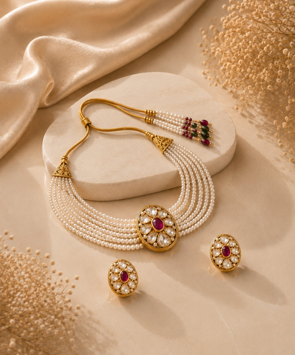 Gold Plated Pink Kundan Semi Cultured Pearl Choker Set