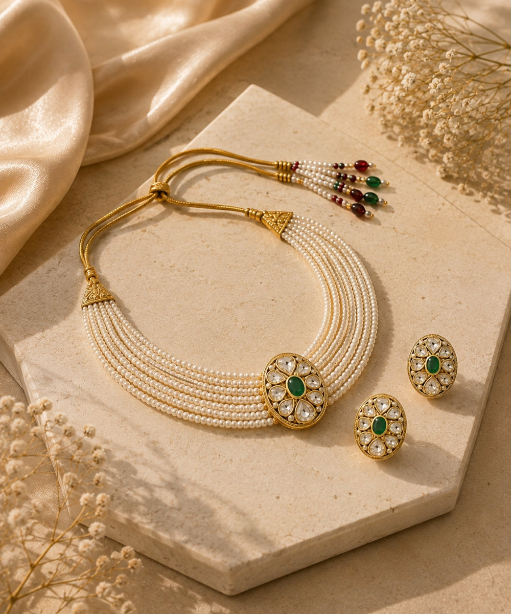 Gold Plated Green Kundan Semi Cultured Pearl Choker Set