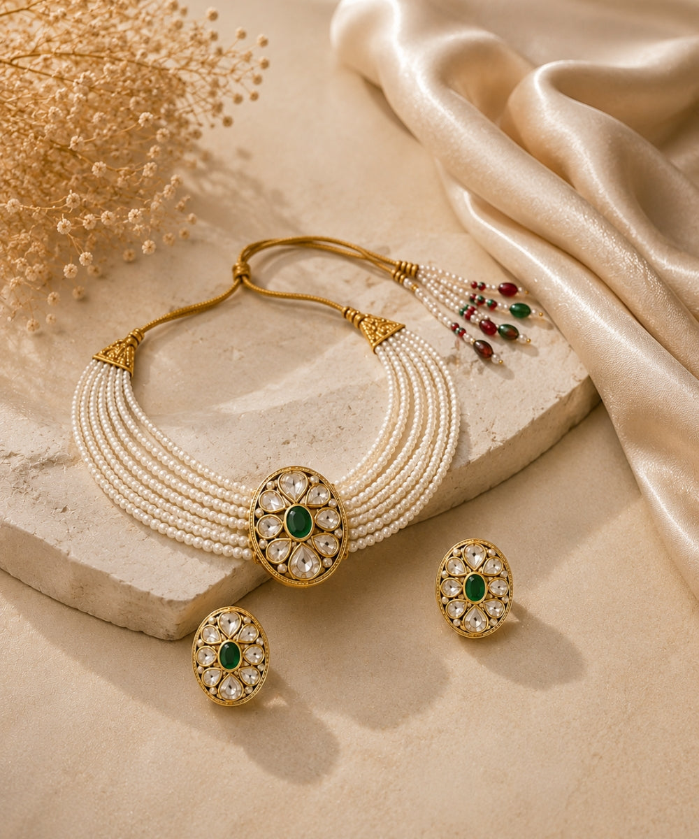 Gold Plated Green Kundan Semi Cultured Pearl Choker Set